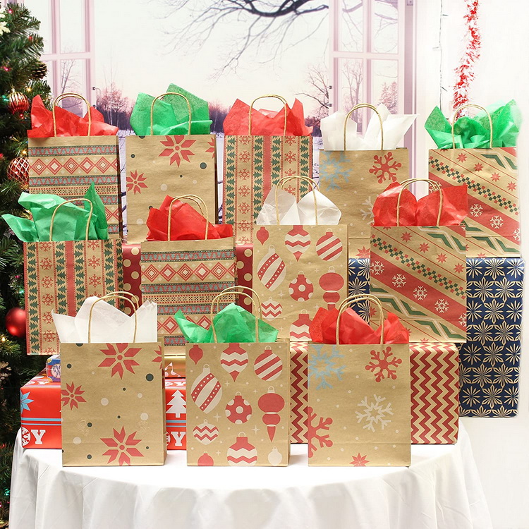 Wholesale Christmas Kraft Gift Bags with Assorted Christmas Prints